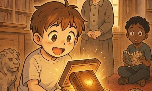 An 8-year-old boy with a round face, short light brown hair and wide curious eyes kneels by a stone lion statue, holding an open small wooden box revealing an old brown-leather book with a golden heart; a silver key recently used to unlock it sits nearby as the book emits a warm glow and dust particles sparkle in the light. Behind him stands a gentle 60-year-old librarian woman with gray hair in a bun and round glasses, smiling proudly beside a wooden desk. Another reserved ~8-year-old boy with black hair sits on a worn red rug at the back, surprised and holding a small illustrated book. The scene is a bright old library with tall oak shelves, a padded red chair, a wooden grandfather clock, a dusty lion statue near a potted plant, and a large window pouring golden light; atmosphere is soft, magical, warm-colored, wood-textured, in a childlike manga style with expressive lines and soft shadows.