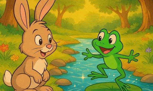 Timo il coniglio, con le sue lunghe orecchie morbide e i suoi occhi curiosi, è seduto accanto a una piccola sorgente scintillante, con aria meravigliata. Goccia la rana, con la sua pelle verde e gli occhi brillanti, è accanto a Timo, saltellando gioiosamente su una foglia di ninfea. Il ruscello mormora dolcemente, circondato da pietre lisce e fiori selvatici colorati. La radura è immersa in una luce dorata, con alberi antichi che formano un cerchio protettivo attorno alla sorgente. La scena cattura il momento magico in cui Timo e Goccia scoprono la Fonte delle Storie, circondati dalla natura tranquilla e incantata.
