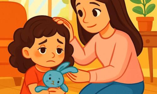 A 6-year-old girl with curly brown hair and sparkling eyes sits on a plush carpet in her living room. Her face shows a gentle melancholy, with a slight smile hiding sadness. She holds her small blue rabbit tightly against her chest, its ears crumpling under her fingers. Next to her, her mother, a woman in her thirties with long, smooth hair, crouches beside her, gently stroking her hair to comfort her. She wears a pastel sweater and has a tender, protective gaze. The room is bright, with soft yellow walls and sunlight filtering through lace curtains. A large tree outside casts dancing shadows on the floor. The scene depicts the mother and daughter sharing an intimate moment, where the mother softly explains the new family situation while the little girl listens attentively, her rabbit clutched to her, surrounded by a sense of safety and love.