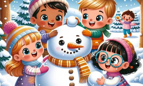 En un jardín nevado, cuatro amigos de tres años se divierten juntos. Lucas, un niño de cabello castaño y ojos brillantes, está haciendo una gran bola de nieve, riendo alegremente. A su lado, Mateo, un niño de cabello rubio y mejillas rosadas, empuja una bola más pequeña con una gran sonrisa. Sofía, una niña de cabello castaño y gafas coloridas, busca piedras para los ojos del muñeco de nieve, mientras que Elena, una niña de cabello negro y rizado, sostiene una zanahoria que está a punto de poner como nariz. El jardín está cubierto de un espeso manto de nieve brillante, con árboles cuyas ramas están cargadas de nieve y un cielo azul claro salpicado de nubes blancas. Los cuatro amigos están construyendo un muñeco de nieve al que han llamado "Nievecillo", riendo y jugando juntos, creando recuerdos felices en este paisaje invernal mágico.