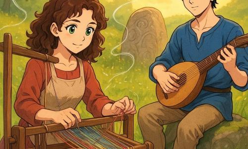 A woman named Anahid, with curly brown hair and sparkling green eyes, sits in front of a large, ancient wooden loom. She has a gentle determination on her face, her nimble fingers working colorful threads. Beside her, a young man named Miro, about 20 years old, gently plays his lute. He has tousled black hair and dreamy blue eyes, and he sits on a mossy stone, slightly set back. The setting is a lush valley bathed in golden light, with a large smooth rock engraved with ancient patterns, surrounded by wildflowers and tall swaying grasses. The main scene shows Anahid and Miro combining their talents to release the Free Wind, with silver threads floating in the air around them, creating a magical and promising atmosphere.