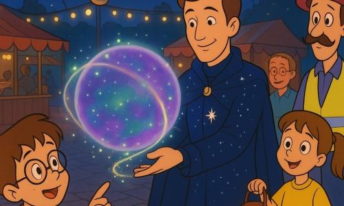 Un uomo calmo e benevolo in completo blu notte con sottili linee argentate come costellazioni e corto soprabito, con una piccola stella in un cerchio sul petto, volto dolce e sorriso concentrato, tende la mano destra creando un anello di luce scintillante attorno a una grande sfera trasparente; un ragazzo di circa 10 anni con occhiali tondi e capelli castani spettinati, seduto in primo piano a sinistra, indica la sfera dicendo «wow»; una bambina di circa 7 anni con due codine tiene una lanterna solare arancione a destra vicino a un volontario con gilet giallo; il Professor Sbuffo, uomo di mezza età, magro, con cilindro colorato e baffi finti penzolanti, sembra un po’ imbarazzato ma divertito dietro la sfera con un piccolo proiettore di nebulose; la scena è una grande piazza lastricata di notte con bancarelle in legno, luci calde, palloni a forma di pianeta e una grande sfera luminosa al centro che sfuma violetti e verdi; il protagonista raccoglie delicatamente piccoli insetti-robot brillanti attorno alla sfera formando una rete di luce stellata mentre bambini e volontari osservano meravigliati; atmosfera calda, colori saturi, tratti morbidi e contorni netti in stile cartoon anni ’90.