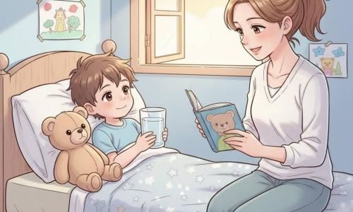 Een zieke 4-jarige jongen, Tom, ligt in bed onder een sterrendekbed, met een iets bleek maar glimlachend gezicht, warrig bruin haar en een groot glas water in zijn handen; zijn moeder van ongeveer 30 jaar zit naast het bed met lichtbruin haar in een staart en een warme, geruststellende blik terwijl ze hem een kleurrijk boek toereikt; op het kussen ligt een grote knuffelbeer Benny met lichtbruin vachtje, zwart genaaid neusje en heldere ogen als troostende vriend; de kleine, lichte kamer heeft lichtblauwe muren, een open raam met een gouden zonnestraal, een plank met kleurige speelgoedjes en tekeningen aan de muur en een tafeltje met kleurpotloden en een groot papier met een tekening van de beer — een teder, rustig voorleesmoment in zachte pasteltinten en warme, kalmerende sfeer.