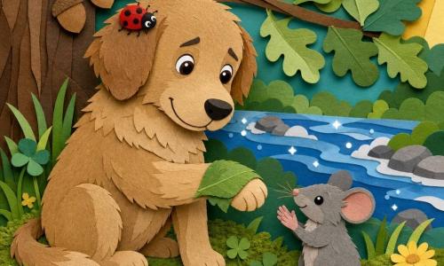 Een middelgrote lichtbruine hond met gelaagd, uitgesneden papierachtig vachtje, zachte oor en glinsterende ronde ogen zit met een gerust en teder gezicht en houdt zijn linker voorpoot omhoog waarop een grote groene blad ligt als natuurlijk verband. Een kleine rood-met-zwarte-stippels lieveheersbeestje met glanzende papieren vleugels zit op het oor van de hond en kijkt beschermend naar de poot. Een klein grijs muisje met papierachtig vachtje en zwarte kraalogen staat rechtsvoor naast de hond, voorpootjes opgeheven alsof het zacht applaudisseert. De scène speelt in een bosrijke open plek met een uitgesneden eiken tak achteraan, felgroen mos en gestileerde klavers, gelaagde grassprieten en eenvoudige papieren bloemen; op de achtergrond stroomt een fonkelende rivier. Het is een rustig verzorgingsmoment: het blad bedekt de wond, zachte uitgesneden zonnestralen vallen in gele hoeken, en de hele compositie ademt warmte, troost en vriendelijkheid met zichtbare papiertexturen en licht onregelmatige randen.