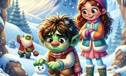 Een troll genaamd Grump, met groene, ruwe huid, zit treurig voor een grote grot, zijn ogen stralend van melancholie. Hij heeft rommelig haar, puntige oren en een grote neus, en kijkt naar de sneeuw die zachtjes om hem heen valt. Naast hem is Lila, een 8-jarig meisje met bruin, krullend haar, die glimlachend en vol energie een sneeuwbal aan het rollen is om een sneeuwpop te maken. Ze draagt een kleurrijke jas en handschoenen, en staat dicht bij Grump, terwijl ze probeert hem te troosten. Op de achtergrond een sprankelend ijzig landschap, met majestueuze bergen en glinsterende vorst, wat een magische en winterse sfeer creëert. De hoofdscène toont Lila die Grump aanmoedigt om zich bij haar aan te sluiten om een sneeuwpop te maken, terwijl de magie van de gletsjer om hen heen begint te stralen.