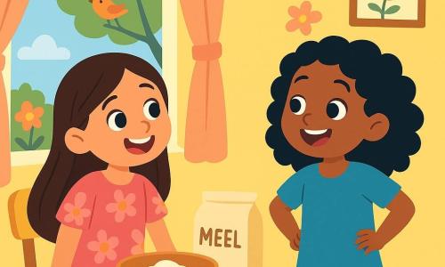 Er zijn 2 hoofdpersonages: - Lila: een 7-jarig meisje met lang bruin haar en sprankelende ogen. Ze draagt een roze jurk met bloemenpatronen. Ze zit op een stoel bij het raam en kijkt met een grote glimlach naar buiten. - Noor: een 7-jarig meisje met zwarte krullende haren en glanzende ogen. Ze draagt een blauwe tuniek en een witte broek. Ze staat naast Lila met haar handen op haar heupen, vol enthousiasme. De situatie speelt zich af in een mooie kinderkamer, vol zacht licht. De muren zijn pastelgeel geschilderd en tekeningen van vogels en bloemen versieren de kamer. Een open raam laat het gezang van vogels en de geur van bloemen uit de tuin binnen. Op de tafel liggen ingrediënten om koekjes te maken, zoals bloem, suiker en sterrenvormige uitstekers. De hoofdactie van het verhaal toont Lila en Noor, ongeduldig en blij, koekjes aan het maken om Ramadan te vieren. Ze lachen en wisselen ideeën uit, klaar om zoetigheden te maken om met hun familie te delen.