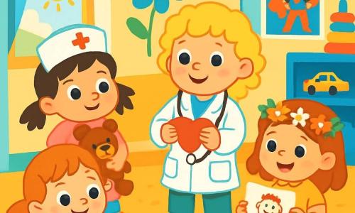 Es gibt vier Kinder: - Leni: ein 3-jähriges Mädchen mit lockigem, blondem Haar, das einen weißen Arztkittel und ein Stethoskop um den Hals trägt. Sie steht lächelnd in der Mitte und hält ein herzförmiges Spielzeug. - Mia: ein 3-jähriges Mädchen mit braunem Haar in zwei Zöpfen, gekleidet als Krankenschwester in einem rosa Oberteil. Sie steht links von Leni, hält ein Stofftier und schaut freundlich zu den anderen Kindern. - Emma: ein 3-jähriges Mädchen mit roten Haaren und Sommersprossen, das ein buntes Kleid trägt. Sie sitzt rechts von Leni auf dem Boden und malt mit Buntstiften. - Nora: ein 3-jähriges Mädchen mit kastanienbraunem Haar und einem Blumenkranz auf dem Kopf, das ein gelbes Kleid trägt. Sie sitzt neben Emma, lächelt und hält stolz eine Zeichnung. Der Hauptort der Handlung ist ein heller und fröhlicher Spielraum im Krankenhaus mit bunten Wänden, Tier- und Blumenzeichnungen und verstreuten Spielzeugen auf dem Boden. Es gibt Fenster, die Sonnenlicht hereinlassen, und Poster von Superhelden an den Wänden. Die Hauptsituation der Geschichte zeigt die vier Kinder, die zusammen spielen, lachen und sich gegenseitig helfen, und so eine warme und freundliche Atmosphäre trotz ihrer Krankheit schaffen. Sie teilen Spielzeuge und malen zusammen, was ihre Freundschaft und ihren Mut im Angesicht der Herausforderungen zeigt.