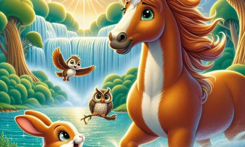 A magnificent horse named Henry, with a shiny chestnut coat and a silky mane flowing in the wind, stands by a sparkling waterfall, his eyes sparkling with excitement and curiosity. Next to him, a small rabbit named Ruby, with soft white fur, joyfully hops, her large ears perked up, while a wise owl named Oliver, with round glasses and brown feathers, flies above them, observing the scene with a benevolent smile. The enchanting setting features a lush forest with majestic trees and emerald green leaves, bathed in the golden light of the setting sun, with the colorful waterfall behind them creating a vibrant rainbow in the air. The main scene shows Henry, Ruby, and Oliver gathered by the waterfall, ready to dive into the sparkling water, celebrating their friendship and the adventure ahead.