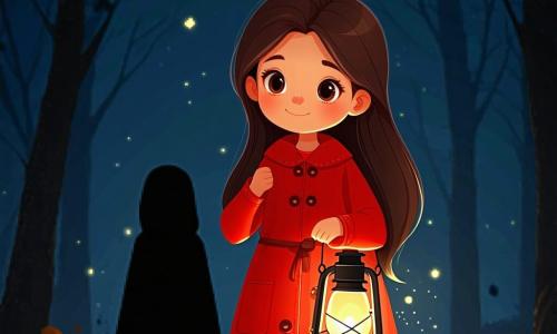 En el centro de la imagen, una niña de 11 años, Lucía, con largos cabellos castaños y ojos llenos de curiosidad, sostiene una linterna en la mano, su rostro marcado por una expresión de determinación y asombro. Lleva un abrigo rojo brillante que contrasta con la oscuridad circundante. A su lado, una figura oscura y etérea, la Sombra, flota ligeramente sobre el suelo. Aunque su apariencia es borrosa e indistinta, se pueden percibir contornos humanos, como un antiguo espíritu en busca de libertad. La Sombra parece mirar a Lucía con gratitud y esperanza. El escenario se sitúa en un antiguo cementerio, envuelto en una bruma misteriosa. Las lápidas antiguas, cubiertas de musgo, se alzan a su alrededor, mientras árboles torcidos se recortan contra un cielo estrellado. La luz de la linterna ilumina débilmente el camino, creando sombras danzantes en el suelo. La escena muestra a Lucía recitando un antiguo ritual, rodeada de velas encendidas que proyectan un cálido resplandor en la fría noche. La bruma se eleva a su alrededor, añadiendo una atmósfera de misterio y magia a este momento crucial de la historia.