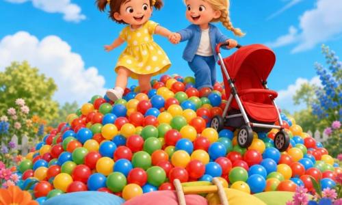 Due bambine di 3 anni: a sinistra una bionda con treccia e giacchetta blu che spinge all'indietro una carrozzina rossa ridendo, a destra una bruna con capelli corti in codini e vestito giallo a pois che cammina all'indietro tenendole la mano mentre salgono insieme una grande montagna di palline multicolori lucide; ambientazione in un grande giardino luminoso con erba verde, fiori colorati ai bordi, alcuni cuscini e una piccola scala di stoffa alla base, cielo azzurro con nuvole soffici; atmosfera gioiosa, colori saturi, luce morbida, espressioni felici e gesti cauti