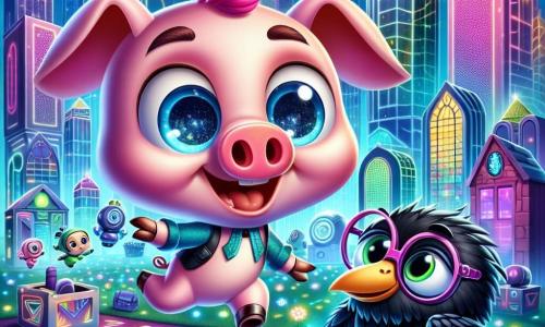 Um pequeno porquinho travesso chamado Léo, um adorável porquinho rosa com grandes orelhas e olhos brilhantes de curiosidade, salta de alegria no meio de uma cidade futurista, com um sorriso radiante no rosto. Ao seu lado, uma corvo sábia chamada Olívia, com óculos redondos e penas pretas brilhantes, observa atentamente uma tela holográfica, sua expressão misturando concentração e entusiasmo. Ao fundo, edifícios de formas ousadas brilham sob um céu estrelado, com luzes coloridas dançando nas fachadas. A cena acontece em um parque vibrante, cheio de flores luminosas e árvores com folhas multicoloridas, onde crianças e robôs se divertem juntos. Léo e Olívia estão em uma investigação para encontrar invenções desaparecidas, cercados por uma atmosfera de excitação e mistério, prontos para descobrir os segredos de sua cidade mágica.