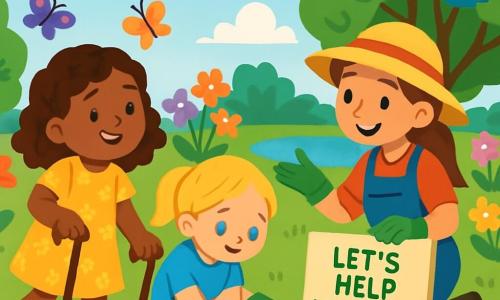 There are two main characters: Mia, a 7-year-old girl with curly brown hair wearing a yellow floral dress, walking with a cane and smiling joyfully, and Emma, a 6-year-old girl with straight blonde hair wearing a blue t-shirt and denim shorts, crouching down to pick up colorful pebbles. The two girls are in a large sunny garden filled with vibrant flowers, tall green trees, and a sparkling pond in the center. Butterflies flutter around the flowers, and birds sing in the trees. The main scene shows Mia and Emma, excited, attentively listening to Mrs. Rose, the gardener, who is explaining how to become "Earth Helpers." They are holding gardening gloves and curiously looking at the "Let’s Help Nature!" sign that Mrs. Rose has placed on the ground.