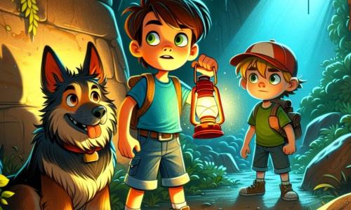 Um jovem garoto chamado Lucas, com cerca de 10 anos, cabelos castanhos bagunçados e olhos curiosos, segura uma lanterna que ilumina seu rosto maravilhado. Ele usa uma camiseta azul e um short de jeans, e seu cachorro, Max, um grande pastor alemão, está ao seu lado, com as orelhas em pé e olhar atento. Vítor, outro garoto de 10 anos, com cabelos loiros e um boné vermelho, está um pouco mais longe, com uma expressão desafiadora e os braços cruzados, observando Lucas com um sorriso travesso. A aventura acontece em um túnel escuro e úmido, com paredes de pedra áspera, onde gotas de água caem lentamente do teto, criando uma atmosfera misteriosa. Sombras dançam ao redor e raízes de árvores se agarram às paredes, adicionando um toque de natureza ao lugar esquecido. Lucas e Max estão prestes a explorar um passage secreto, enquanto Vítor os observa, pronto para desafiá-los. A atmosfera está carregada de emoção e mistério, enquanto eles estão à beira de uma nova descoberta.