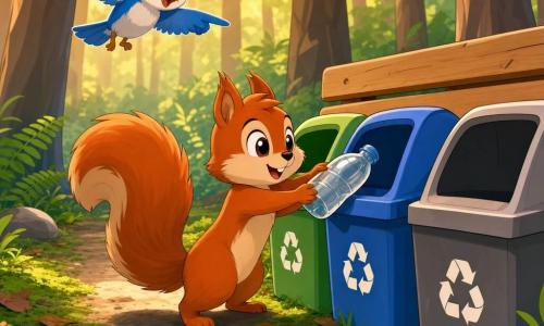 Een klein eekhoorntje met rood-oranje vacht, pluizige staart en glanzende ronde ogen, glimlachend en geconcentreerd, duwt zacht een klein doorzichtig plastic flesje richting een blauwe prullenbak; een blauw-wit vogeltje met vriendelijke blik wijst met een vleugel naar de bak terwijl het net boven het eekhoorntje vliegt; de grond is bedekt met groen mos, bruine bladeren en varens bij een klein zandpad, met gladde boomstammen op de achtergrond en zacht namiddaglicht; drie grote afvalbakken (groen, blauw, grijs) staan naast een houten bank, eenvoudige texturen en felle kleuren; scène toont het eekhoorntje dat het flesje in de blauwe bak deponeert, een kalme, duidelijke beweging in een schone, vrolijke en vredige sfeer.