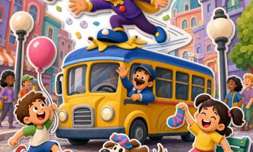 An adult man, Super Tickle, smiling mischievously with twinkling eyes, bright yellow cape fluttering, squeaky round blue shoes and a hat with a small spinning top, sliding on a banana peel on a bus roof while reaching to grab a lost hat; a ~6-year-old brown-haired boy to his left, amazed and jumping while holding a pink balloon; a ~5-year-old girl with pigtails to his right, laughing and holding a found sock near a bench; a mustachioed male bus driver waving gratefully from the bus window; a small dog with a sock on its head running around wagging its tail; colorful cobbled city street with pastel façades, round lampposts, stylized passersby, confetti and soap bubbles—joyful, dynamic, comic-heroic moment