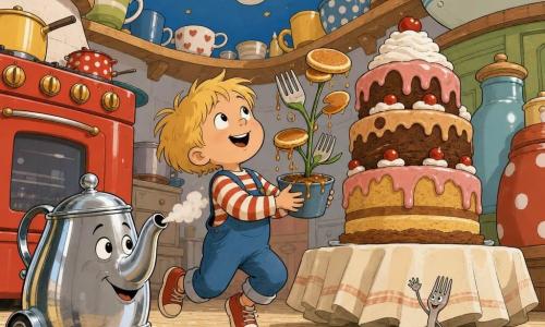 A 4-year-old boy with a round face, messy blond hair and curious eyes smiles as he bounces on warm tiled floor holding a small pancake-plant and looking up. To his left a shiny metal animated teapot-van with a friendly face whistles and points its spout at the plant, while a tiny animated fork stands on a towel near a towering cake and waves. The giant colorful kitchen has oversized counters, a bright red stove, shelves of huge cups, a lamp-post–tall cake and beige tiles dusted with flour; the whimsical scene shows the boy planting a pancake in a pot of flour as syrup beads fall, fork-leaves sprout and a ceiling painted with blue eggs and stars smiles — warm, bright, joyful and slightly absurd.