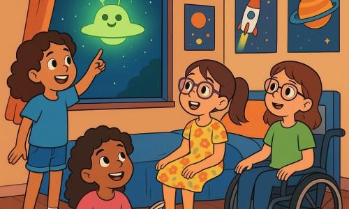 There are 4 children: Sophie, a 9-year-old girl with curly brown hair and sparkling eyes, wearing a blue t-shirt and denim shorts, standing by the window excitedly pointing at the sky; Maya, an 8-year-old girl with purple glasses and straight hair in a ponytail, wearing a floral dress, sitting on the bed with wide eyes, looking at Sophie in wonder; Lila, a 9-year-old girl with curly hair and a sweet smile, wearing a pink sweater and comfortable pants, lying on the floor with a sketchbook ready to draw; and Ada, a 9-year-old girl in a wheelchair with brown hair and glasses, wearing a green t-shirt and leggings, next to Lila, smiling and curiously looking at the sky. The setting is a schoolroom with walls decorated with posters of planets and rockets, paper stars hanging from the ceiling, and soft light filtering through the window, illuminating the wooden floor. The main scene shows the children in awe, looking out the window at a shimmering green light in the night sky that seems to greet them with joyful twinkles, filled with excitement and curiosity, ready to meet an alien.