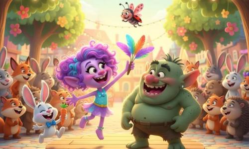 Tilly, a radiant young troll girl with glittery pale purple skin, curly rainbow hair and mischievous round eyes, laughs as she tickles Grumble with soft rainbow feathers; Benny, a small white rabbit with a blue bow tie, hops nearby holding a carrot, and Lila, a tiny red-and-black spotted ladybug with translucent wings, flies overhead applauding; Grumble, a sturdy dark‑green troll boy with rough skin and bristly brows, goes from scowling to surprised to uproarious laughter at the center of the scene on a sunny Gigglewood square paved with colorful round stones, string lights, shiny trees and dancing flowers, surrounded by a semicircle of smiling animals, bright colors, soft shadows, joyful dynamic style.