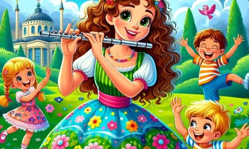 Uma jovem chamada Mariana, com cabelos cacheados e castanhos, sorridente e cheia de alegria, toca flauta com paixão, seus olhos brilhando de criatividade. Ela usa um vestido colorido com estampas florais e está sentada em um banco em um parque verdejante. Ao seu redor, um grupo de três crianças: um menino de 7 anos com óculos e uma camiseta listrada, que dança no ritmo, uma menina de 6 anos com tranças e um vestido rosa, que aplaude com entusiasmo, e outro menino de 8 anos, com cabelo loiro, que segura um tambor de papelão e sorri amplamente. O parque está cheio de árvores majestosas com folhas verdes brilhantes, flores multicoloridas e um céu azul claro salpicado de nuvens brancas e fofas. A cena principal mostra Mariana e as crianças se divertindo juntas, criando uma melodia alegre que faz os pássaros dançarem ao redor, preenchendo o ar com música e risadas.