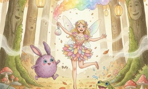 A fada Lili está radiante e sorridente, com pequenas asas translúcidas iridescentes, segurando um saquinho de pó mágico cintilante; veste um vestido curto em pétalas pastel e tem cabelo loiro trançado com flores, dançando e espalhando pó brilhante. Ao lado, Tico, uma criatura engraçada e desajeitada de corpo arredondado coberto de pelos roxos, grandes orelhas de coelho e olhos azuis, pula soltando "puffs" cômicos; Pipo, um sapo rechonchudo verde com manchas amarelas, ri sentado num nenúfar à beira de um pequeno lago, salpicando gotas cintilantes. O local é uma clareira da Floresta dos Sussurros com troncos altos cobertos de musgo e rostos sussurrantes, cogumelos coloridos, lanternas de papel flutuantes, carpete de folhas e bruma dourada; a cena mostra a dança alegre no centro, o pó mágico subindo em nuvens multicoloridas que iluminam a folhagem, atmosfera terna, divertida e cheia de movimento.