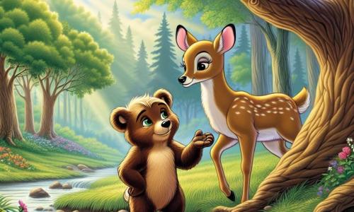 In the foreground, Benny the little brown bear, with soft fur and sparkling kind eyes, stands near a stream. He looks concerned yet determined, reaching out a paw towards Daisy the doe, who stands a little further away, her eyes misty with tears, her golden coat shining in the sun. Daisy, a delicate doe with big sad eyes, looks at Benny with gratitude, her ears slightly lowered, standing near a large oak tree, a symbol of strength and protection. The setting is a beautiful forest landscape, with majestic trees boasting vibrant green leaves, colorful flowers scattered on the ground, and the gentle murmur of a stream winding through the scene, creating a peaceful yet emotionally charged atmosphere. The main situation shows Benny approaching Daisy to offer his friendship, illustrating a moment of compassion and support in a serene natural environment, highlighting the importance of kindness in the face of bullying.