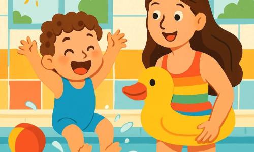 Ein kleiner Junge von 2 Jahren mit lockigem Haar und strahlenden Augen trägt einen schönen blauen Badeanzug. Er lacht laut, während er in einen Pool springt und Wasser um sich herumspritzt. Neben ihm steht seine Mama, eine lächelnde Frau in den Dreißigern mit langen braunen Haaren, die ihn stolz ansieht. Sie trägt ein buntes Badeoutfit und hält einen großen Schwimmer in Form einer Ente. Die Szene spielt sich in einem hellen Hallenbad mit bunten gefliesten Wänden und Fenstern ab, die Sonnenlicht hereinlassen. Schwimmspielzeuge wie ein großer roter Ball und Plastikenten treiben im klaren Wasser. Der kleine Junge ist bereit, ins Wasser zu tauchen, mit erhobenen Armen und einem großen Lächeln im Gesicht, während seine Mama ihn begeistert anfeuert.