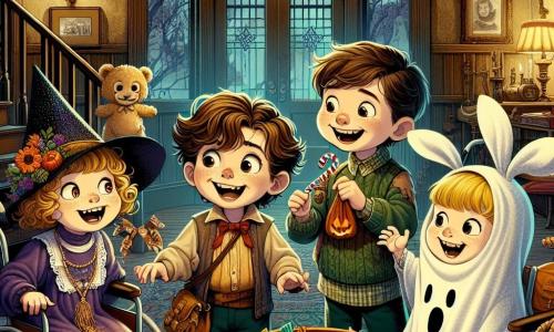 In an old haunted house, four children stand together, filled with excitement. Tommy, an 8-year-old boy with messy brown hair and a big smile, is at the center, pointing at a bowl of colorful candies on a table. To his left, Lucy, a 7-year-old girl wearing a sparkling witch hat, laughs while holding a bag of candy. To the right, Maya, a 6-year-old girl dressed as an adorable bunny with fluffy ears, looks on in wonder. Finally, Sammy, a 9-year-old boy in a white ghost sheet, sits in his wheelchair, smiling joyfully. The interior of the house is dark and mysterious, with old wooden walls, cobwebs in the corners, and dancing shadows created by flickering light. A large wrought-iron chandelier hangs from the ceiling, adding a magical ambiance to the scene. The children discover a funny skeleton, Mr. Bones, who welcomes them with a big smile, offering them a riddle to solve for candy. The atmosphere is filled with laughter and camaraderie as they prepare to take on the skeleton's challenge.