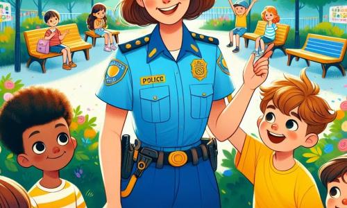 La escena muestra a una agente de policía, Clara, una mujer de unos treinta años, con cabello castaño recogido en un moño, vistiendo un uniforme azul brillante. Sonríe calurosamente, sus ojos brillan de alegría y orgullo mientras explica la importancia de las reglas de seguridad a un grupo de niños. Entre ellos está Lucas, un niño de 8 años, con cabello castaño desordenado y una camiseta amarilla brillante. Levanta la mano con entusiasmo, su rostro radiante de emoción y curiosidad. La escena tiene lugar en una hermosa plaza soleada, rodeada de árboles verdes y bancos coloridos. Globos y carteles decoran el espacio, mientras un grupo de niños se divierte alrededor de un circuito de seguridad. Clara, como mentora, comparte consejos sobre seguridad vial, mientras Lucas, cautivado, participa activamente en el evento, aprendiendo y divirtiéndose al mismo tiempo.
