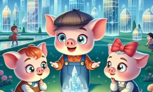 Im Zentrum des Bildes steht Max, eines der Drei kleinen Schweinchen, ein kleines rosa Schwein mit funkelnden Augen und runden Ohren. Er trägt eine blaue Latzhose und einen kleinen Erfinderhut, und sein Gesicht drückt große Neugier und Aufregung aus, während er stolz ein Modell seiner Stadt aus Glas präsentiert. Neben ihm steht Lotte, die große Schwester, ein kleines Schweinchen mit einer hübschen roten Schleife im Haar. Sie hat einen entschlossenen Blick und untersucht aufmerksam die Stadtpläne, die sie in ihren Pfoten hält. Etwas im Hintergrund sitzt Tim, der Jüngste, ein kleines Schwein mit rosa Wangen, auf dem Boden mit einem offenen Buch auf den Knien, die Augen voller Staunen, bereit, den Passanten eine neue Geschichte zu erzählen. Die Szene spielt in einer futuristischen Stadt, wo die Gebäude im Sonnenlicht wie Diamanten funkeln. Üppige Gärten umgeben die Glasstrukturen, und fröhliche Kinder spielen um sie herum, was dieser bezaubernden Kulisse Leben verleiht. Die Hauptsituation zeigt Max und Lotte, die über ihre Ideen für die Stadt diskutieren, während Tim mit einem Lächeln bereit ist, eine inspirierende Geschichte über die Bedeutung von gegenseitiger Hilfe und Gemeinschaft zu teilen.