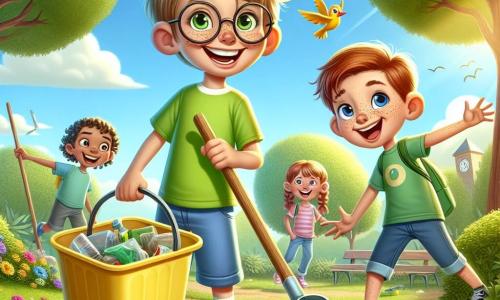 Een 8-jarig jongen, Lars, met messy blond haar en een grote blije glimlach, is afval aan het oprapen in een zonnig park. Hij draagt een felgroen t-shirt en blauwe shorts, en zijn ogen stralen van opwinding. Naast hem moedigt zijn beste vriendin Emma, een 8-jarig meisje met gevlochten bruin haar en ronde brillen, andere kinderen aan om mee te doen terwijl ze een grote gele vuilnisbak vasthoudt. Iets verderop bukt Sam, een 7-jarig jongen met rood haar en sproeten, om een oud plastic speelgoed op te rapen, lachend met zijn vrienden. Het park is gevuld met grote bomen met heldergroene bladeren, kleurrijke bloemen en een helderblauwe lucht met donzige witte wolken. Vogels zingen vrolijk in de takken, en het gras is helder groen. De scène toont Lars en zijn vrienden in actie, omringd door kleurrijke vuilniszakken, terwijl ze het park schoonmaken met glimlachen op hun gezichten, wat hun vastberadenheid illustreert om de natuur te beschermen en hun omgeving mooier te maken.