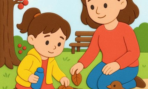 Bambina di 4 anni dall'espressione dolce e un po' pentita, viso rotondo, guance rose, capelli castani raccolti in codine, con giacchetta gialla e borraccia blu, posa delicatamente foglie secche su un nido a terra contenente due piccoli uova macchiettate; al suo fianco una donna di circa 30–35 anni, calma e premurosa, gambe piegate, capelli sciolti, tiene una borsa di stoffa e la guarda con tenerezza; un passerotto bruno macchiato su un ramo basso osserva la scena; il prato con un sentiero di ghiaia, un tronco rugoso a sinistra, cespugli con bacche rosse e una panchina sullo sfondo, luce mattutina; composizione in piano medio, colori vivaci e contrastati, texture spesse e ritagliate come gommette in EVA, contorni netti e forme semplificate per un effetto infantile e caldo.