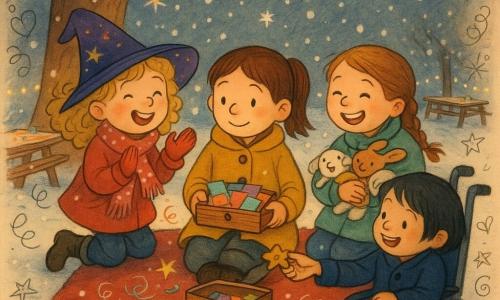 Vier Mädchen: Lina (9) mit braunem Pferdeschwanz und senfgelbem Mantel sitzt mittig auf einer großen roten Decke und hält eine kleine Holzschachtel mit bunten Umschlägen; Mia (8) mit blonden Locken und violettem Sternenhut links, klatscht leicht, mit gepunktetem Schal und roten Handschuhen; Sara (9) mit hellbraunem Zopf und mintgrünem Mantel rechts, hält drei Kuscheltiere und lacht; Zoe (8) mit kurzem schwarzem Haar im Rollstuhl unten rechts, der mit einer Girlande kleiner Glocken geschmückt ist, reicht einen geteilten Keks. Schauplatz: winterlicher Nachtpark unter einer großen Eiche, leichter Schneefall, gelbe Lichterketten an den Ästen, Holztafeln mit Konfetti und einige orange Papierlaternen, beleuchtete Häuser im Hintergrund. Szene: Die Freundinnen sitzen auf der roten Decke, lesen und tauschen bunte Gutscheine und teilen Kekse; warme Stimmung, Lächeln, Papiersternchen wirbeln, Schneeflocken und goldenes Licht der Lichterketten auf ihren Gesichtern.