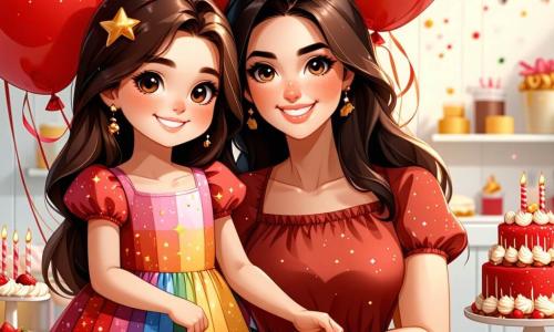 Una bambina di 6 anni, Sofia, con lunghi capelli castani e occhi brillanti, sorride felicemente tenendo palloncini rossi e dorati. Indossa un vestito colorato con motivi di stelle, e il suo viso emana eccitazione e felicità. Accanto a lei, sua madre, una donna di circa 30 anni con capelli castani e un sorriso caloroso, prepara biscotti a forma di stelle su un tavolo decorato con festoni scintillanti. Suo padre, un uomo di circa 35 anni con una leggera barba e occhiali, balla felicemente sullo sfondo, tenendo un altoparlante che diffonde musica festiva. La scena si svolge in una cucina luminosa e accogliente, decorata per il Capodanno con festoni dorati, luci scintillanti e un grande tavolo pieno di dolci. Sofia, piena di energia, sta preparando una festa a sorpresa per la sua famiglia, circondata da risate e gioia, mentre si preparano a festeggiare il Capodanno insieme.