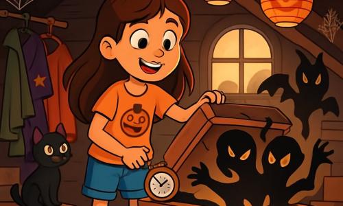 Una niña de 10 años, Violeta, con largos cabellos castaños y ojos brillantes de emoción, se encuentra en el centro de un viejo desván polvoriento. Lleva una camiseta naranja con un diseño de calabaza y un short de mezclilla. Su rostro refleja curiosidad y asombro al descubrir un antiguo cofre de madera. A su lado, un pequeño gato negro de ojos verdes, llamado Sombra, observa atentamente, sentado sobre una vieja caja de madera, intrigado y un poco asustado por las sombras que bailan a su alrededor. El desván está lleno de viejos objetos: disfraces coloridos, telarañas de plástico y linternas de papel que flotan suavemente. Las paredes son de madera oscura, y la luz se filtra a través de una ventana polvorienta, creando una atmósfera misteriosa. En esta escena, Violeta acaba de dar cuerda a un antiguo reloj despertador, y sombras mágicas comienzan a danzar a su alrededor, creando un ambiente a la vez aterrador y fascinante, perfecto para Halloween.