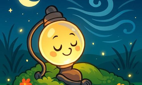 Lampje, een kleine glazen lamp met een zachte glimlach, straalt een warme en kalmerende gloed uit. Haar metalen lichaam is fijn en elegant, en ze ligt uitgestrekt op een bed van groen mos, omringd door kleine kleurrijke bloemen. Haar ogen zijn gesloten, en ze lijkt sereen en gelukkig, klaar om in te slapen. Naast haar is Fluisterwind, een zachte en onzichtbare wind, weergegeven door lichte golvingen in de lucht, die een gevoel van beweging rond Lampje creëert. Hoewel hij ontastbaar is, is zijn welwillende aanwezigheid voelbaar, als een zachte aanraking op Lampje's gezicht. De plek is een vredig veld, verlicht door het maanlicht, waar fonkelende sterren dansen in de nachtelijke lucht. De grond is bedekt met een dikke laag groen mos, bezaaid met kleine heldere bloemen die een vleugje magie aan de omgeving toevoegen. De belangrijkste situatie toont Lampje die zich voorbereidt om in te slapen, omringd door een sfeer van kalmte en rust. Kleine vuurvliegjes verlichten de scène zachtjes, terwijl grassprieten langzaam wiegen, wat een zen-achtige sfeer creëert die bevorderlijk is voor de slaap.