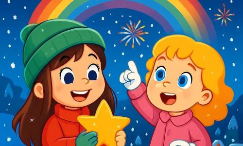 Hay 2 personajes principales: Lucía, una niña de 5 años con largos cabellos castaños y ojos brillantes, que lleva un abrigo rojo vivo y un gorro verde, sosteniendo una estrella dorada con una gran sonrisa; y Sofía, una niña de 5 años con cabello rubio rizado y ojos azules, que lleva un abrigo rosa y guantes blancos, señalando al cielo con asombro. La escena se desarrolla en una colina nevada, iluminada por un cielo estrellado, con el pueblo de Colores de fondo, cuyas casas coloridas están adornadas con luces brillantes y fuegos artificiales. Lucía y Sofía están descubriendo la última estrella dorada, rodeadas de copos de nieve que caen suavemente, llenas de alegría y emoción, listas para celebrar el Año Nuevo con su pueblo, mientras un arcoíris brillante aparece en el cielo nocturno.