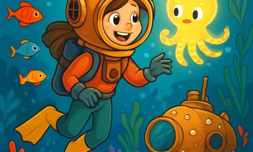 Una niña de 12 años, Luna, con largos cabellos castaños flotando en el agua, lleva un equipo de buceo antiguo, su rostro iluminado por una sonrisa maravillada y ojos brillantes de curiosidad. Nada con gracia, rodeada de peces coloridos que bailan a su alrededor. A su lado, un pequeño pulpo luminoso llamado Lumin, con tentáculos centelleantes, parece invitarla a explorar las profundidades marinas. El fondo marino es un espectáculo encantador, con corales vibrantes de colores vivos, algas ondulantes y un antiguo submarino cubierto de conchas, reposando silenciosamente en el fondo. La luz del sol filtra a través del agua, creando reflejos dorados en la arena. La escena muestra a Luna descubriendo el submarino misterioso, lista para explorar sus secretos, mientras Lumin la anima con un destello de luz.