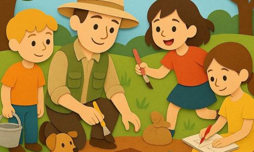 Hombre Mateo, sonriente y concentrado, con gran sombrero beige redondo y chaleco verde oliva, arrodillado y sujetando un pequeño pincel amarillo mientras descubre suavemente un fragmento de cerámica azul y roja; a su derecha Sara, niña de unos 7 años de cabello corto castaño, pasa un pincel rosa cerca; a la izquierda un chico de unos 10 años, rubio, sostiene un cubo metálico; una niña de unos 9 años, con el pelo largo recogido, está sentada sobre una manta bajo un árbol dibujando el objeto con lápices de colores; la perra Matea, pequeña de pelaje castaño claro y collar rojo, yace cerca moviendo la cola; lugar: campo soleado de hierba verde con árboles de hojas grandes, un sondeo cuadrado con banderitas, cajas de madera, sacos de lona y herramientas (pinceles, paletas, cubos) alrededor; escena: excavación arqueológica tranquila y alegre, gestos lentos y cuidadosos, tierra tamizada marrón-anaranjada, fragmentos de cerámica recogidos en una caja de cartón, ambiente de cooperación y descubrimiento.