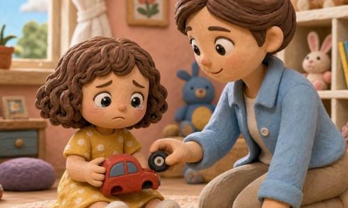 A 2-year-old girl with round tearful eyes, playful but sad, brown curly bob wearing a small yellow dress with white polka dots sits on a wool rug holding a small wheeled toy; a woman (mother, about 30) with a gentle smile, hair in a bun and a light blue cotton jacket kneels beside her reaching to fix the toy; the toy is a small red wooden car with a detached wheel in front of the girl; the bright living room has pastel walls, a large window with a white curtain, shelves of colorful stuffed animals and round floor cushions; the girl looks at the fallen wheel with a tear at her eye while the mother comforts her and reattaches the wheel—tender, secure atmosphere with warm colors and rounded shapes.