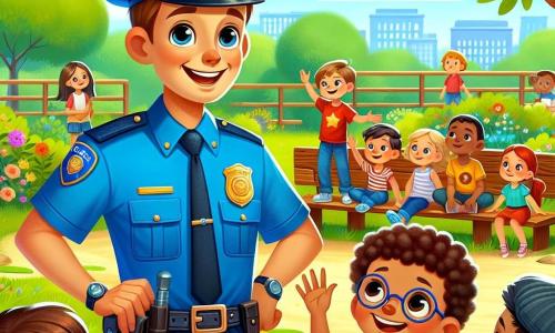 Un tânăr polițist, Marius, un bărbat de aproximativ 30 de ani, poartă o uniformă albastră strălucitoare cu o curea cu unelte. Are un zâmbet cald pe față, arătându-și determinarea de a ajuta pe alții. Marius vorbește cu un grup de copii, gesticulând entuziast, în timp ce le explică meseria sa. Printre copii se află Ana, o fetiță de 8 ani cu părul blond și ochelari rotunzi, care îl ascultă cu atenție, având ochii strălucind de admirație. Lângă ea, Andrei, un băiat de 9 ani cu părul creț și un tricou roșu, ridică mâna pentru a pune o întrebare, având o expresie curioasă. Scena are loc într-un parc însorit, plin de copaci verzi și flori colorate. Bănci din lemn sunt împrăștiate în jur, iar păsările cântă în crengi. Departe, se vede un loc de joacă animat unde alți copii se distrează. Marius le explică copiilor importanța siguranței și a ajutorului reciproc, arătându-le cum un polițist ajută comunitatea, creând astfel un moment de învățare vesel și inspirator.