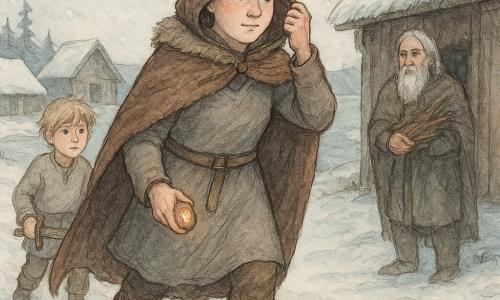 The scene shows a round-faced, brave Viking woman, Sigrun, cheeks pink from the cold and focused soft eyes; she wears a brown wool cloak trimmed with fur, a gray linen tunic, muddy leather boots, and holds a small warm runestone in her left hand. Sigrun strides through the snow, right hand ready to push her hood, determined and calm. A few steps behind her, an 8-year-old boy, Bjorn, with tangled blond hair and a small wooden sword, watches her with admiration and worry, leaning forward to follow her every move. Near the doorway of a long wooden house, an old skald, Kari, about 70 with a wrinkled face and scruffy white beard, stands holding a bundle of twigs and watches her go with hope. The setting is a snowy Norse village by a fjord—snow-covered thatched roofs, dark plank longhouses, suspended flakes, black pine silhouettes, and the gleaming frozen sea under a pale sky. The visual mood is cold yet warm: wool textures, wood grain, footprints in the snow, breath mist, soft diffused light from a low sun. Main situation: Sigrun leaves to fetch the Emberstone before the freezing night, determined, followed by the boy and observed by the old man, in an urgent but peaceful atmosphere.
