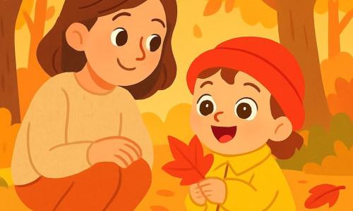 Una bambina di 2 anni, Sofia, con grandi occhi brillanti e un sorriso gioioso, indossa un bel cappello rosso e un cappotto giallo. È accovacciata, incantata, tenendo in mano una foglia d'autunno rossa. Accanto a lei c'è sua madre, una donna dolce di circa 30 anni, con capelli castani e un maglione di lana beige, che sorride teneramente guardando la figlia. Si trovano in un magnifico bosco autunnale, dove gli alberi sono adornati di foglie dorate, rosse e arancioni, e il terreno è coperto da un tappeto di foglie croccanti. La scena principale mostra Sofia che scopre la bellezza dell'autunno, incantata dai colori vivaci e dai suoni delle foglie che scricchiolano sotto i suoi piedi.