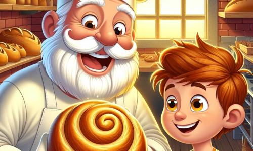 A jovial man named Mr. Dough, with a big smile and rosy cheeks, wears a wide white apron and a tall, fluffy baker's hat. He is pulling a beautiful golden spiral-shaped loaf of bread from the oven, his eyes sparkling with pride and excitement. Beside him, an 8-year-old boy named Timmy, with brown hair and bright eyes, looks in awe at the loaf. He wears a colorful t-shirt and a small apron, holding a wooden spatula, ready to help his baker friend. The scene takes place in a warm and welcoming bakery, with red brick walls, shelves filled with bread and pastries, and a large window letting in sunlight, illuminating the room with golden hues. Mr. Dough and Timmy are celebrating the release of their special bread for the baking contest, surrounded by a sweet aroma of cinnamon and sugar, with laughter and joy in the air.