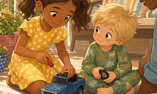 Mia, an 8-year-old girl with light brown pigtails in a yellow polka-dot dress, kneels on a light-wood porch holding a small red screwdriver as she replaces a wheel on a blue toy truck, her face showing kindness and pride; Tommy, about 5 with messy blond hair in green animal-print pajamas, sits beside her holding the missing wheel and looking at her with admiration, slightly leaning in; colorful potted plants and a striped cushion surround them, soft morning light casts warm shadows and golden highlights; the scene focuses on their shared repair of the toy truck, precise hands, small parts and colorful tape, and the exchanged looks in a warm family atmosphere.