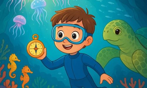 A 10-year-old boy with a round freckled face, short brown hair and wide amazed eyes, wearing a blue wetsuit and clear mask, floats holding a shiny compass in his left hand while a large green-and-brown sea turtle with textured scales swims behind him as if greeting him; glowing pink-and-blue jellyfish drift above casting soft light, bright yellow and orange seahorses hide among nearby corals, and the underwater cave—lit by sunbeams through cracks with textured rocky walls, colorful corals, schools of silvery fish and swaying seagrass—forms a centered, readable, magical scene with vivid colors suitable for a 10-year-old.
