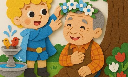 A young boy prince, smiling and amazed with soft blond hair and bright eyes, wearing a light blue cape, reaches to place a crown of white and blue flowers on an elderly gardener (about 60) with a warm wrinkled face and short gray hair, seated under a large oak and receiving the crown with one hand on his heart and a broad smile; to the left a silver fountain with sparkling droplets and a few red and yellow birds watch; the setting is a bright royal garden with a velvety green lawn, red and white tulip beds, visible oak roots and a round-stone path, simple textures and vivid colors, centered composition with clear silhouettes and rounded sticker-style shapes.