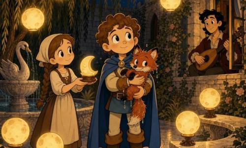 Prince Rowan, a kind round-faced boy with curly brown hair, wearing a blue cape and leather boots, holds a wet small red fox to his chest while silently counting ten glowing lanterns; Lila, about 16, a fair-skinned maid with braided brown hair, smiles and offers a small carved wooden moon lantern beside him; a minstrel, about 30, with messy black hair and a simple jacket, sits by an open window on the right playing a lute and smiling; the fox cub is small with shiny red fur and confident eyes, wet drops sparkling on its coat; the lantern garden has a marble path, carved benches, a stone fountain with a swan, weeping willows and ivy on stone walls, and ten round floating lanterns like little moons casting warm golden reflections on leaves and water; main scene: the prince centered in a protective calm pose surrounded by lanterns forming a luminous semicircle, soft night, warm pastel palette, golden reflections, retro rubber-hose cartoon style with thin black outlines, exaggerated expressions, tender magical atmosphere.