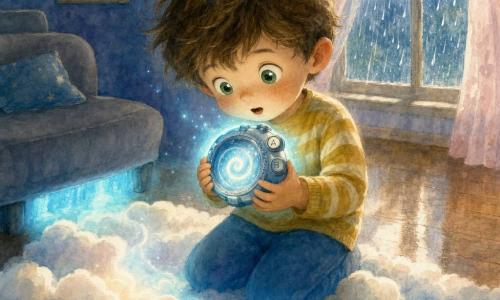 Bambino di 4 anni, meravigliato e curioso, tiene fra le mani un orologio tondo e lucente: freccia a spirale luminosa, tre grossi pulsanti etichettati A, B, C, luce blu soffusa; divano grigio basso a sinistra con luce blu sotto da dove ha trovato l'orologio; finestra dietro con gocce di pioggia e tende rosa traslucide, riflessi argentati sul pavimento in legno; tappeto spesso color crema con motivi di nuvole ad acquerello che, mentre la spirale si illumina, sembra trasformarsi in una nube, atmosfera di avventura dolce e sicura.