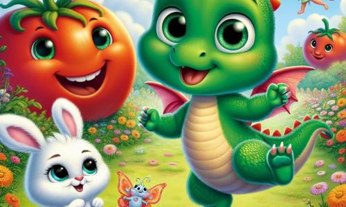 Zippy, un piccolo drago verde con squame lucenti e occhi a forma di smeraldo, si trova al centro dell'immagine, mostrando un'espressione di determinazione e gioia. Sta saltando con entusiasmo, con le ali leggermente spiegate, pronto ad affrontare una sfida. Alla sua destra, Fluff, un adorabile coniglietto con grandi orecchie e pelliccia bianca, guarda Zippy con ammirazione, i suoi occhi brillanti di eccitazione. Sta battendo le zampe sul terreno, incoraggiando il suo amico. A sinistra, Bella, una delicata farfalla con ali colorate, vola in cerchio attorno a Zippy, il suo viso radioso di felicità e incoraggiamento. Lo sfondo è il Giardino dei Pomodori Giganti, un giardino magico pieno di pomodori giganti con volti sorridenti, circondati da fiori colorati che danzano al ritmo del vento. Il cielo è di un blu splendente, punteggiato di nuvole soffici. La scena principale mostra Zippy pronto a affrontare la danza dei pomodori, circondato dai suoi amici, in un'atmosfera gioiosa e colorata, simbolo dello spirito di avventura e di amicizia.
