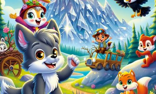 Um pequeno lobo chamado Léo, com pelagem cinza e olhos curiosos, está no topo de uma montanha brilhante, sorrindo orgulhosamente após construir um veículo de galhos e folhas. Ao seu lado, a coelhinha Lili, com pelagem branca e grandes orelhas, salta de alegria, admirando a vista. O pequeno esquilo Tito, com seu pelo ruivo e cauda espessa, aplaude entusiasticamente, enquanto a sábia corvo Olívia, com penas negras e olhar inteligente, voa acima deles, encorajando-os. Ao fundo, a montanha majestosa está coberta de flores coloridas e cristais cintilantes que refletem a luz do sol, criando uma atmosfera mágica. A cena principal mostra Léo e seus amigos celebrando sua aventura, rodeados pela beleza da natureza, prontos para explorar novos horizontes juntos.